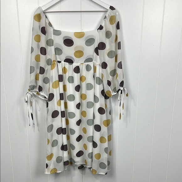 Big Hit Womens Mini Dress L Gold Gray Polka Dot Pattern 1/2 Balloon Sleeves EUC - Picture 1 of 12